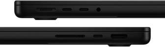 De poorten op MacBook Pro — linkerkant: MagSafe 3, twee Thunderbolt-poorten en mini‑jack-aansluiting — rechterkant: SDXC-kaartsleuf, één Thunderbolt-poort en HDMI