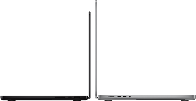 14‑inch en 16‑inch MacBook Pro met de ruggen tegen elkaar, zodat het verschil in grootte goed te zien is en het dunne profiel goed uitkomt