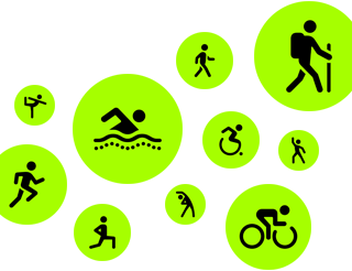 Work-outsymbolen, bewegende abstracte figuren die hardlopen, wandelen, zwemmen, een rolstoel gebruiken, een wandeltocht maken, fietsen, een lunge doen, dansen, stretchen en yogaën