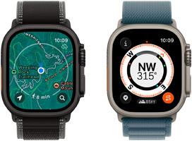 Twee Apple Watch Ultra 3-devices, op het ene display staan kaarten en op het andere Backtrack-features waaronder het kompas, hoogtemeters en gemarkeerde routepunten